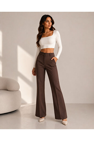 ASL WOMAN Women's High Waist Wide-Leg Fabric Trousers Brown