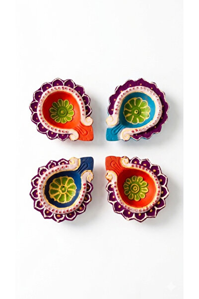 Divine Design Handcrafted Clay Diya Set of 4, Multicolour, Floral Design, Fes...