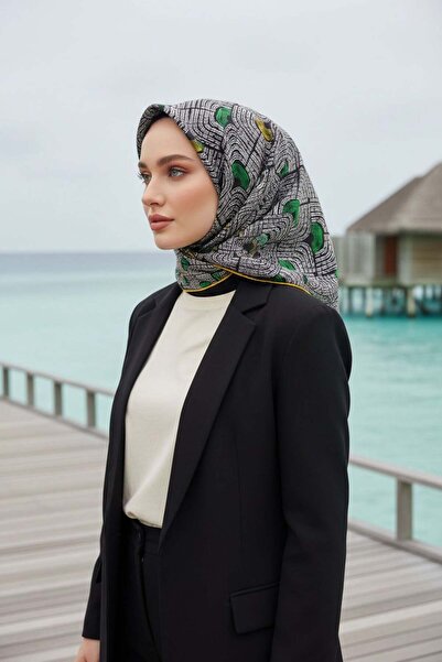 Vissona 100% Twill Silk نمط هندسي أصفر - أسود اللون 90x90 وشاح زراعة الشكل: خ...