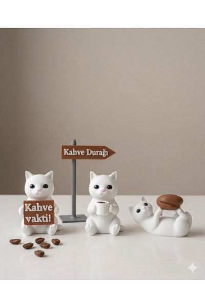 3NK1 Sevimli Kedi Figürlü Kahve Köşesi Dekor Set (3'lü Set+ Tabela) - Masa -R...
