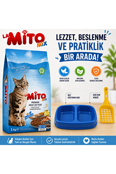 Mito Mix Adult Cat Tavuklu Ve Balıklı Renkli Taneli Kedi Maması 1kg + Kürek +...