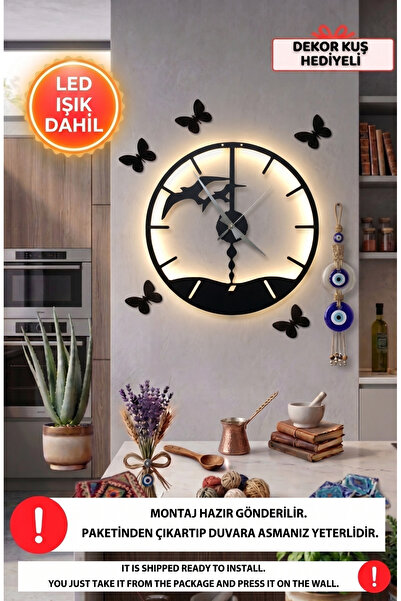 Dekorvin Led Işıklı Modern Minimalist Duvar Saati Sessiz Dekoratif Modern Siy...