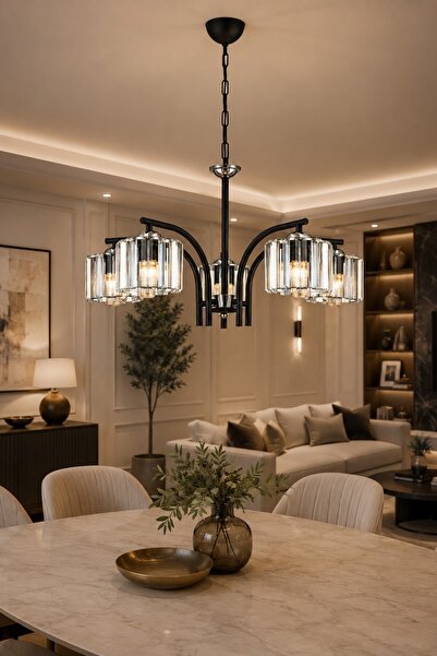 ESSLİGHT Milan 5’li Sarkıt Kristal Taşlı Salon Mutfak Yatak Odası Avizesi