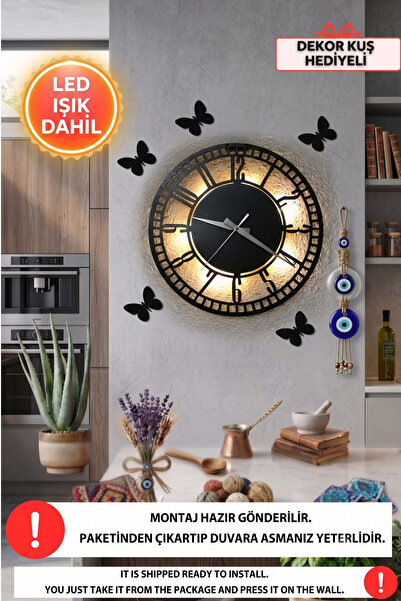 Dekorvin Led Işıklı Modern Mutfak Duvar Saati Sessiz Dekoratif Modern Siyah A...