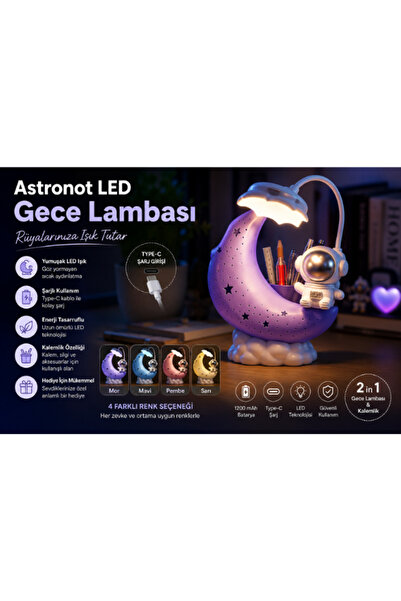 Kerasus MYSTYLE Astronot Ay Gece Lambası Kalemlik USB Type-C Şarjlı-PEMBE
