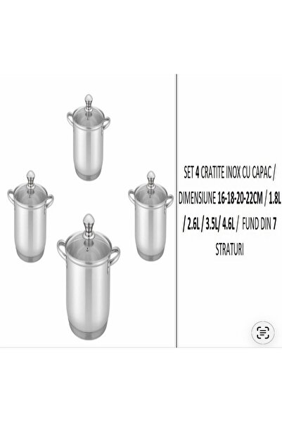 GRÜNBERG Set de 4 oale din oțel inoxidabil cu capace de sticlă 1,8l 2,6l 3,5l...
