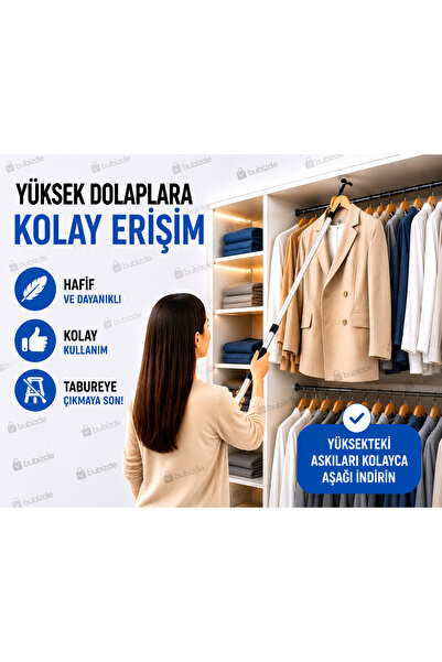 vitrinraf Mağaza Tekstil Askı Sopası Teleskopik Kıyafet İndirme Aparatı 2 Metre Profesyonel Kullanım