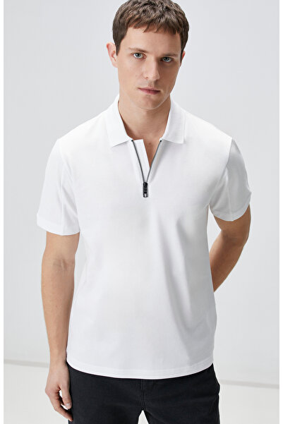 Network Beyaz Polo Yaka Enjeksiyon Baskılı T-shirt