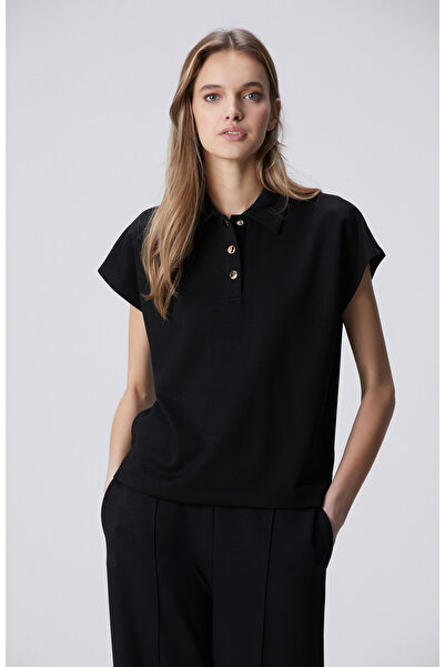 Network Siyah Polo Yaka Çıtçıt Detaylı Kısa Kol Sweatshirt