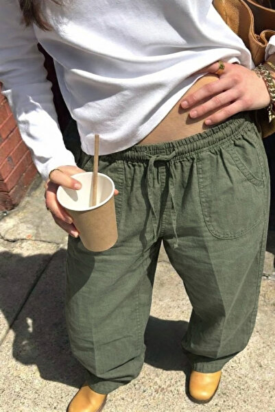 DAMGA JEANS Kadın Relax Fit Yazlık Salaş Yeşil Keten Pantolon