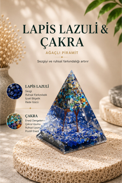 Saff Doğal Taş Lapis Lazuli & Çakra Ağaçlı Piramit