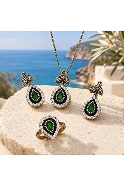 Shinestar atelier Yeşil Taşlı Damla Takı Seti Kolye Küpe Yüzük