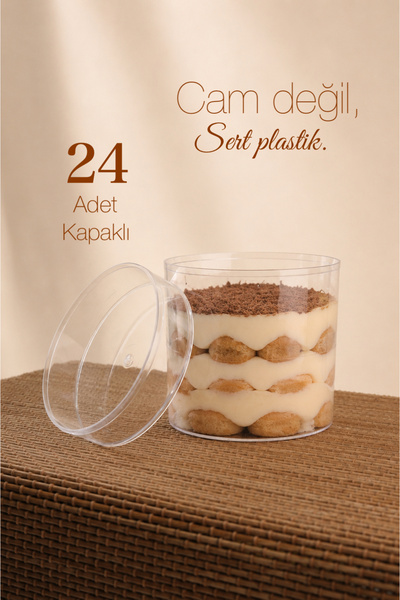 Ezupack 24'lü Yuvarlak Tiramisu Cup Mika Kase Plastik Şeffaf Kapaklı Sunum Ka...