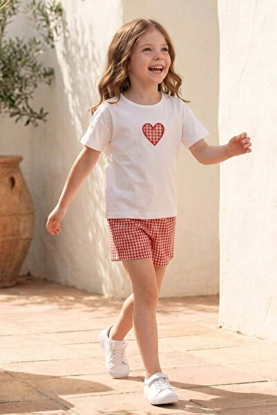 Fulla Moda Gingham Patterned Heart Embroidered Girl's 2-Piece Set