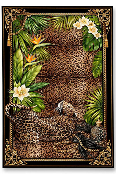 Rugs Modern Halı SDT Altın Çerçeveli Tropikal Leopar Dokuma Taban Dekoratif H...
