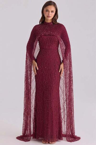 Exclusive Hijab Evening Dress with Pearl and Sequin Cloth BURGUNDY 1039