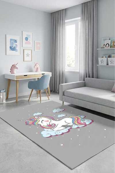 Home Unicorn Cotton Sole Decorative Printed Nursery Rug Grey