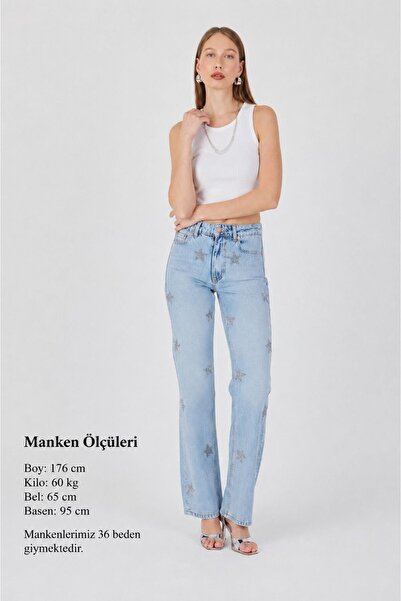 Ucajean Women's Light Blue Stone Embroidered Star Patterned Straight Fit Jean...