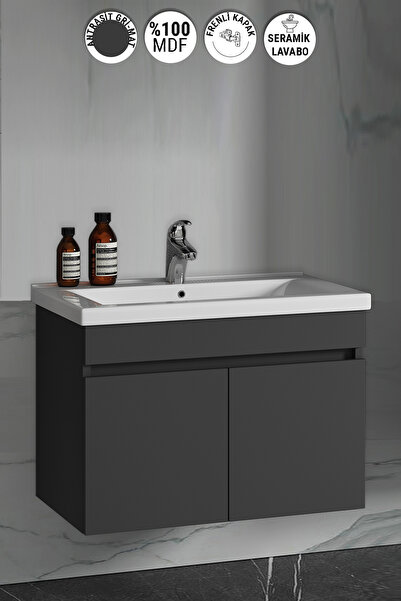 ÖZCEDEN Çiğdem 80 Cm Antrasit Gri Mat MDF Seramik Lavabolu Asma Banyo Alt Dolabı