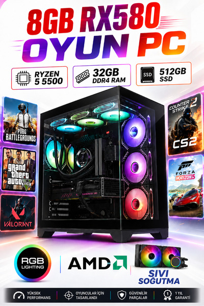 Dmc N339 Windows 11 / RYZEN 5 5500 / 32GB RAM/ 512GB M2 SSD / 8GB RX580,Oyunc...