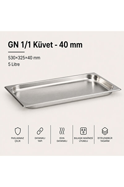 Natsan Paslanmaz Çelik Gastronom/gastronorm Küvet Gn 1/1-40 (53 X 32,5 X 4 CM)