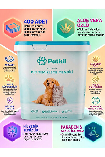 Patisil 400 Adet Aloe Vera Özlü Kedi Köpek Evcil Hayvan Temizleme Mendili Kov...