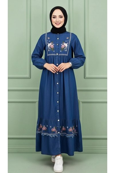 Generic Brand Ulvi̇ye Elbi̇se Dark Blue Denim Dress with Embroidery Detail an...