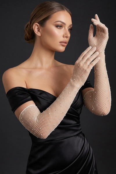 Elegance Scarf Sive duge mrežaste rukavice sa kamenčićima za večernje haljine...