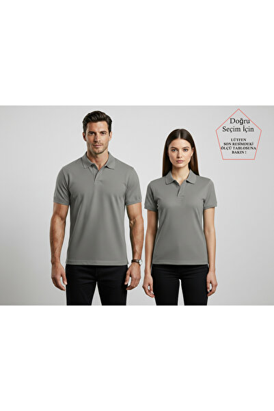 SmallTouch Unisex Oversize Kalıp Düğmesiz Gri Polo Yaka Tişört