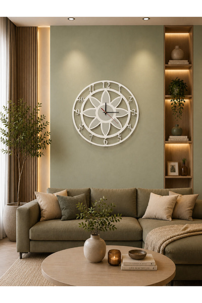Zoe3 Style Modern Lotus Desenli Beyaz-Gümüş Dekoratif Duvar Saati - Sessiz Me...