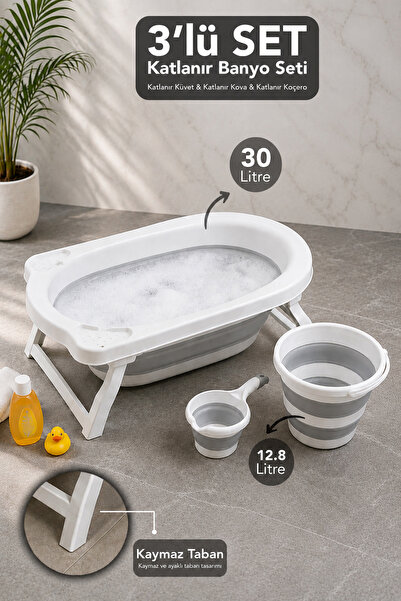 Meleni Baby 3'lü Katlanabilir Banyo Seti - Katlanabilir Kaymaz Taban Çocuk Ba...