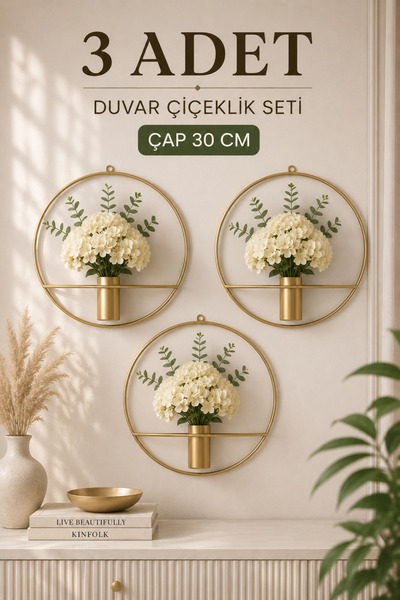 VENON 3 Adet 30 Cm Yuvarlak Eskitme Çiçeklik Modern Dekoratif Metal Duvar Çiç...