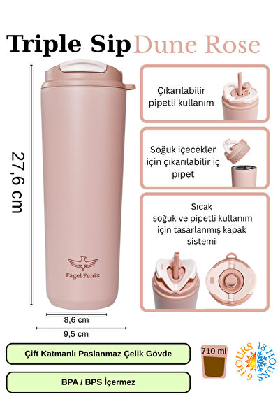 Fagel Fenix 710 ml Triple Sip Dune Rose Çift Katmanlı Paslanmaz Çelik Termos ...
