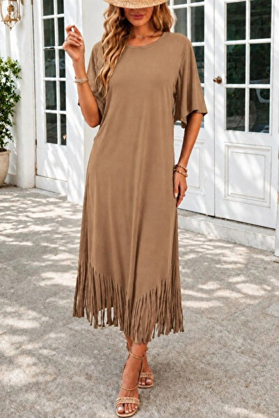 Generic Brand Women's Short Sleeve Crew Neck Tassel Zigzag Patterned Midi Vis...