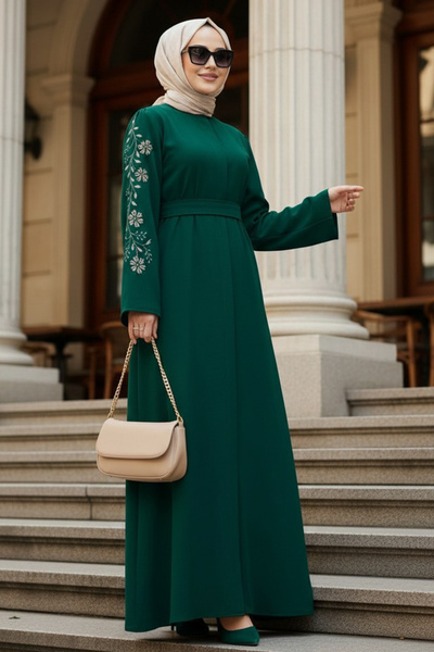 MY QILAM Kadın Tesettür Giyim Abaya Ferace Uzun Elbise Kolları Nakışli İşleme...