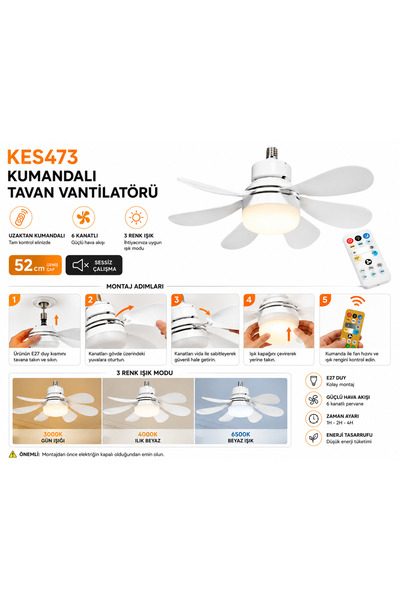K2 GLOBAL Kendal KES473 Kumandalı Tavan Vantilatörü 3 Renk Fanlı LED E27 Duy ...