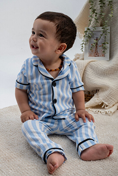 Rocha Baby Rocha Çocuk Mavi Beyaz Çizgili Pijama Takımı - Siyah Biyeli Düğmel...