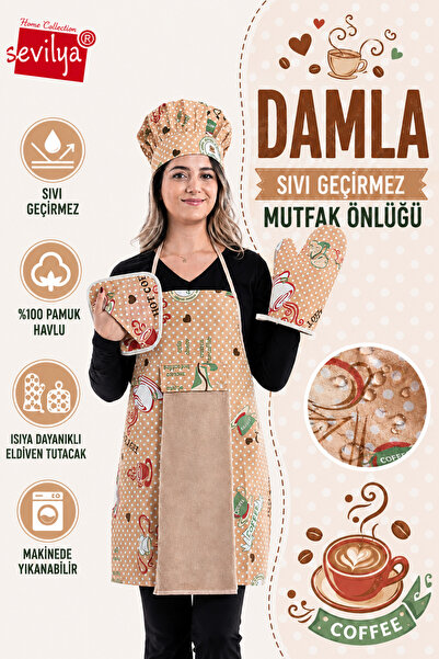 sevilya Damla 5li Set Sıvı Geçirmez Su Geçirmez Mutfak Önlüğü Seti (Şapka, El...