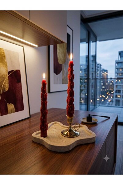 SCA CANDLE Dekoratif Mum şamdan mum çiçek desenli 2 kili Bordo renk
