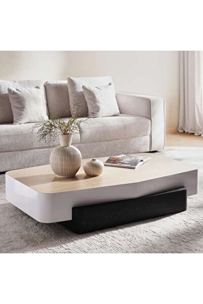 PAN HOME طاولة قهوة أوزبيج من الحجر المتكلس - طبيعي وأبيض