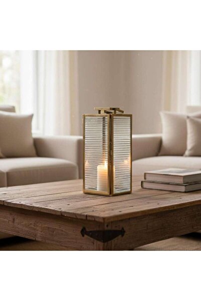 PAN HOME فانوس براين معدني وزجاج مضلع 15x14x30 سم - ذهبي
