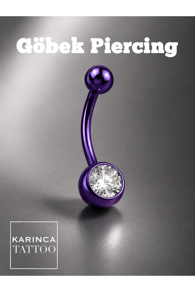 Karınca Piercing Taşlı Göbek Piercingi Mor Renkli Surgical Steel Cerrahi Çeli...