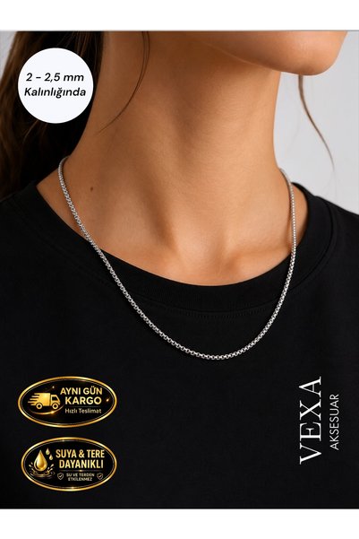 Vexa Aksesuar Imported Anti-Tarnish Stainless Slim Knitted Chain Steel Necklace - Special Boxed