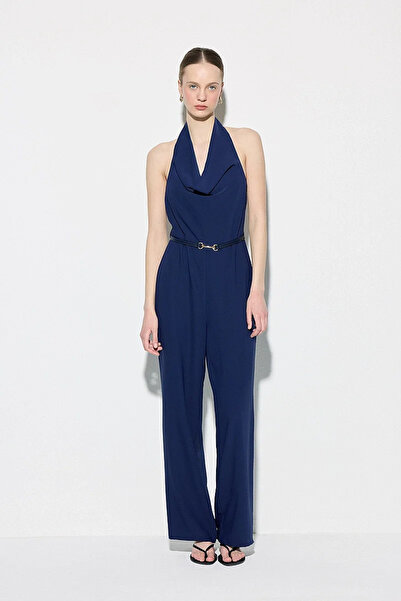 Gusto Beli Belted Collared Evening Dress Jumpsuit - Navy Blue