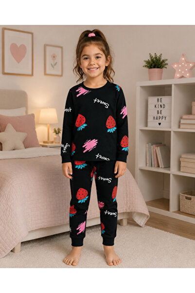elmas kids Σετ πιτζάμες για κορίτσια από 100% βαμβάκι με μαύρο σχέδιο φράουλα...