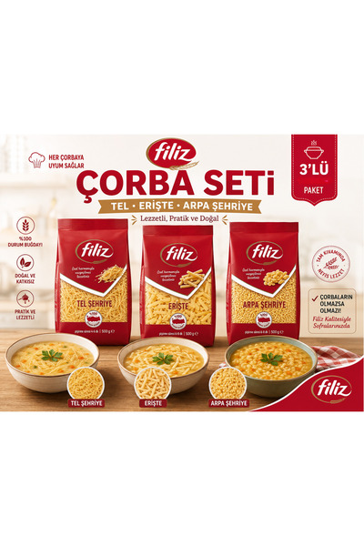 FİLİZ Çorba Seti 3’lü Karışık Makarna Paket (Tel Şehriye, Arpa Şehriye, Erişt...