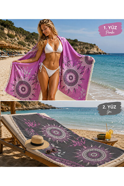 Store 3 Katlı Çift Taraflı Jakarlı Peştemal 180x90 cm Mor-Antrasit Plaj Havlu...