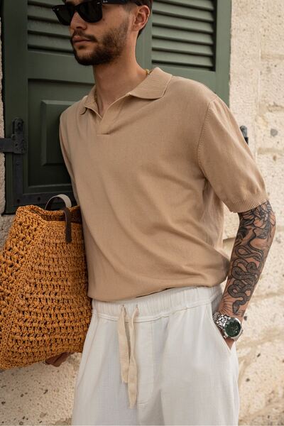 no7man Alten Beige Polo Collar 100% Cotton Knitwear Men's Tshirt