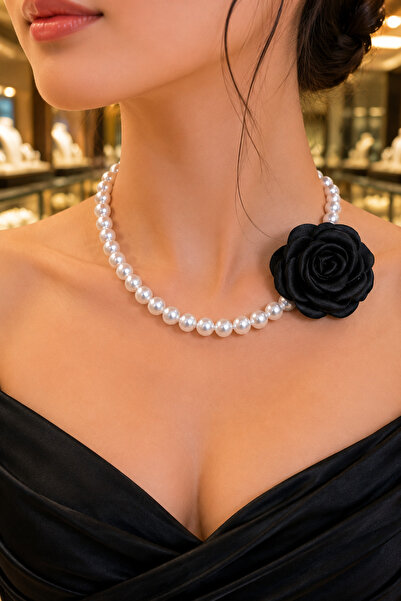 CAXBERN İncili Gül Saten Kolye Choker Kolye