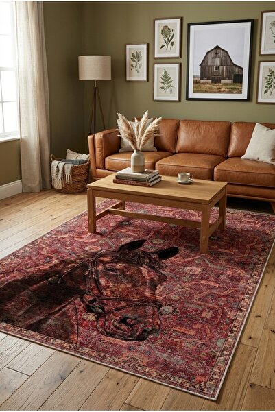 Pelura Halı Kilim Desenli At Figurlu Yıkanabilir Kaymaz Taban Bordo Halı
